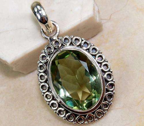 10CT Green Amethyst 100% Pure 925 Solid Sterling Silver Pendant 1" Long