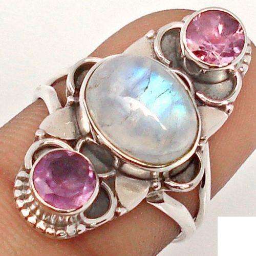 Gorgeous 6.56cts Moonstone and Amethyst Solid Silver Size 6.5 ring.