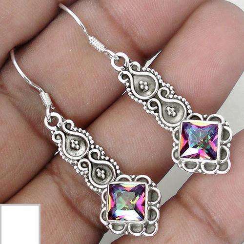 Multicolor Rainbow Topaz Square 925 Sterling Silver Dangle Earrings