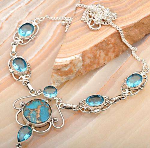 Exquisite Solid Silver & Copper Turquoise & Aquamarine Necklace...