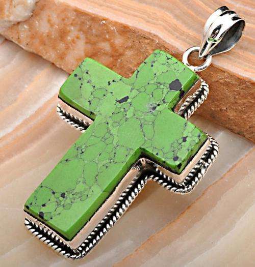 Exquisite Solid Silver & Green Turquoise Cross pendant...