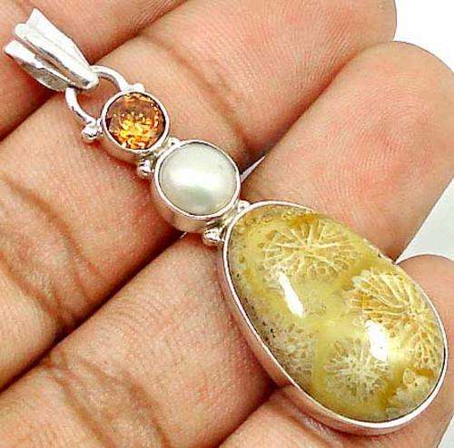 Exquisite Solid Silver FOSSIL CORAL OVAL CHAMPAGNE TOPAZ PEARL pendant...