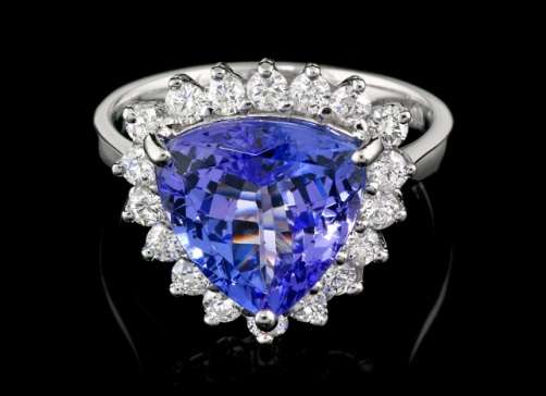 CERTIFIED TRILLION CUT 4.30CT TANZANITE AND DIAMOND RING