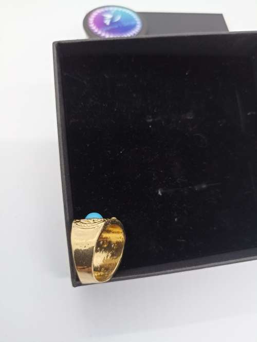 Ring : Turquoise (Aqua) 3 Stones, Gold plated, Size small - fits ring size K and half
