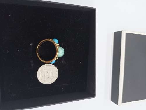 Ring : Turquoise (Aqua) 3 Stones, Gold plated, Size small - fits ring size K and half