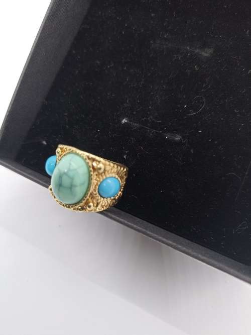 Ring : Turquoise (Aqua) 3 Stones, Gold plated, Size small - fits ring size K and half