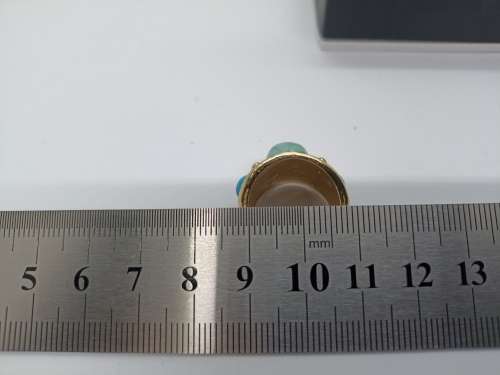 Ring : Turquoise (Aqua) 3 Stones, Gold plated, Size small - fits ring size K and half