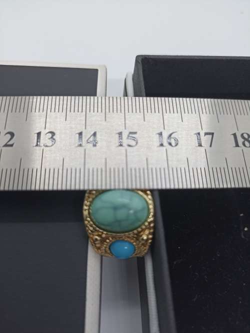Ring : Turquoise (Aqua) 3 Stones, Gold plated, Size small - fits ring size K and half
