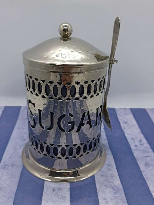 VINTAGE (NEVER USED) : Stunning silver-tone sugar storage canister with liner and spoon