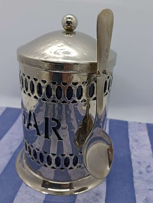 VINTAGE (NEVER USED) : Stunning silver-tone sugar storage canister with liner and spoon