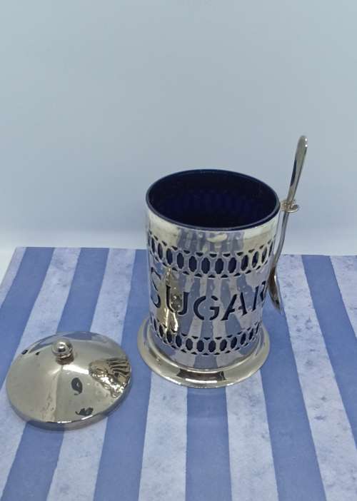 VINTAGE (NEVER USED) : Stunning silver-tone sugar storage canister with liner and spoon