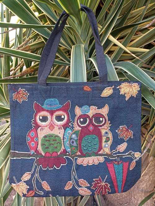 NEW : Maxi Canvas Tote Bag with Owl Print Design (2 Owls)