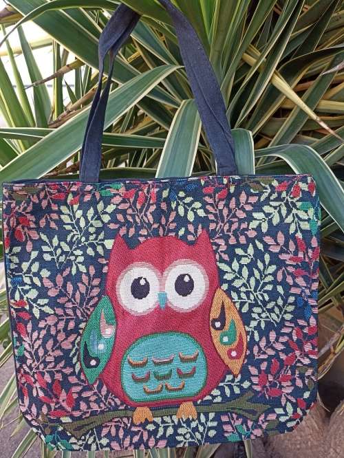 NEW : Maxi Canvas Tote Bag with Owl Print Design (Red and Turquois Owl)