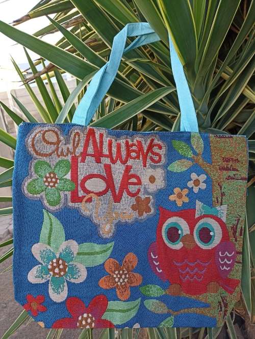 NEW : Maxi Canvas Tote Bag with Owl Print Design (`Owl always love you`)