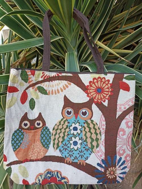 NEW : Maxi Canvas Tote Bag with Owl Print Design (Brown and Cream)
