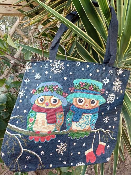 NEW : Maxi Canvas Tote Bag with Owl Print Design (2 `winter` owls)