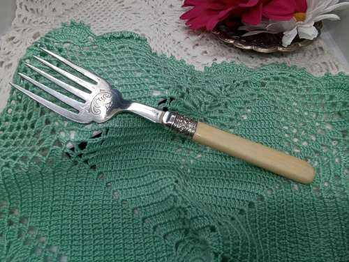 ANTIQUE : Silver Plated Fish Cutlery with hallmarked silver collar 1895 Sheffield celluloid handles