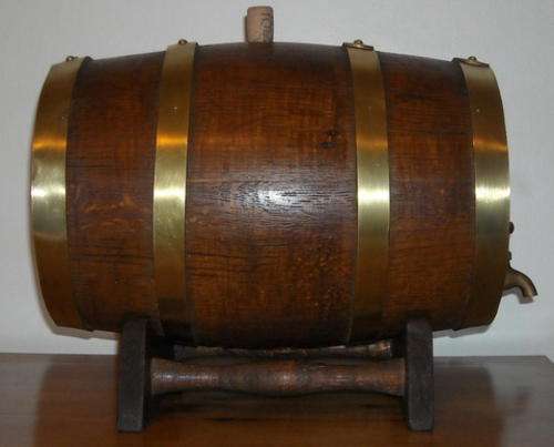 Large Oak Wine Barrel with Brass Straps and Tap on Stand