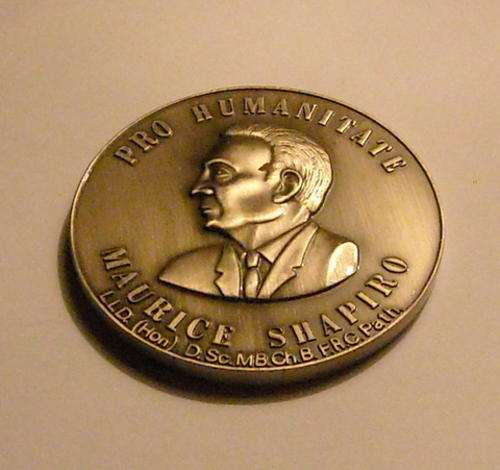 PRO HUMANITATE MAURICE SHAPRIO MEDAL FROM NATIONAL BLOOD SERVICE
