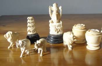VINTAGE IVORY ORNAMENTS AND  SALT AND PEPPER SET