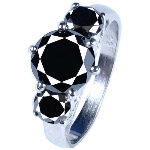 BLACK ROUND CUT DIAMOND SOLITAIRE.925 SILVER RING