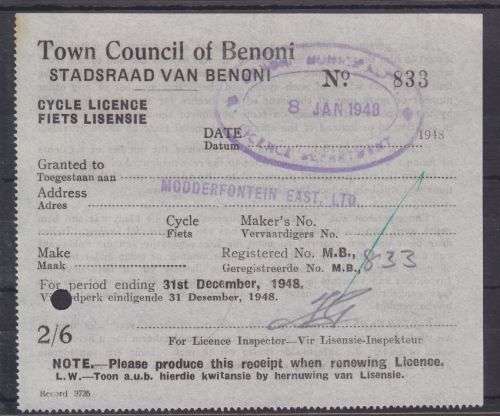 CYCLE LICENCE RECEIPT ++ 1948 ++ GRANTED TO "MODDERFONTEIN EAST LTD" ++ SEE SCAN BELOW