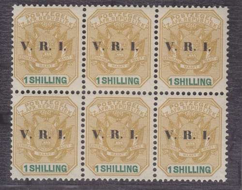 1900 ++ OVPT "V.R.I." ++ 1s OCHRE & GREEN ++ BLOCK OF 6 ++ MNH ++ C/V R450 ++ SACC 239