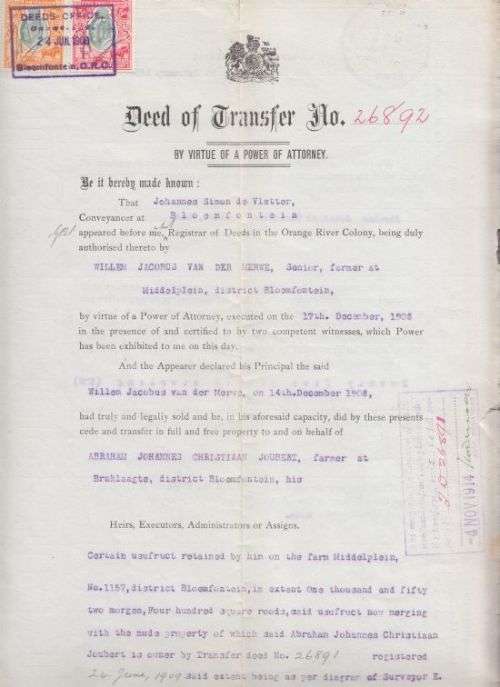 DEED OF TRANSFER ++ 1909 ++ KE VII ++ 10s & 5s MIDDELPLEIN BLOEMFONTEIN ++ SEE SCANS BELOW