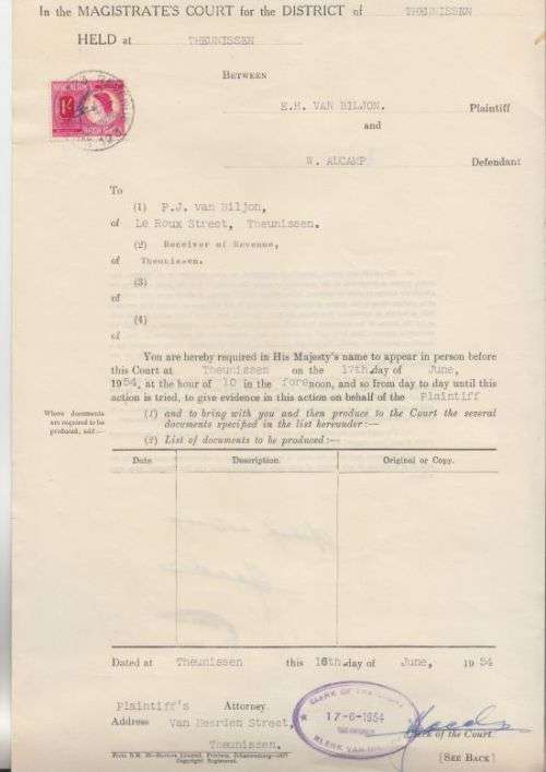 SUBPOENA ++ 1954 ++ QE II ++ 1s RED & YELLOW-BROWN ++ "THEUNISSEN" ++ SEE SCAN BELOW