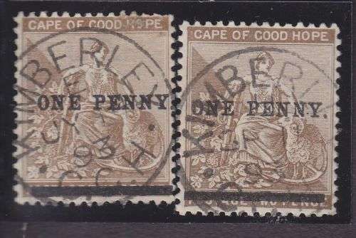 1893 ++ SURCHARGE "ONE PENNY" ON 2d DEEP BISTRE x 2 (NORMAL & SPACED "n")++ FU ++ SACC 52b