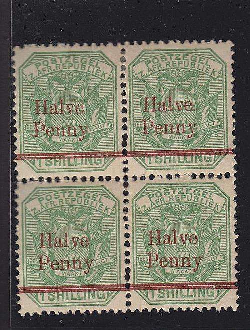 1895 ++ SURCHARGE "HALVE PENNY" IN RED ON Is ++ BLOCK OF 4 - VAR SEE PERF BELOW ++ MHVL ++ SACC 219