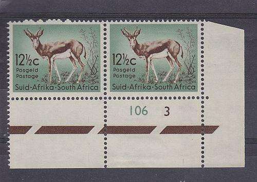 1961 ++ 12 1/2c "SPRINGBOK" ++ MARG PAIR WITH CYL NO - SEE BELOW ++ MNH ++ SACC 193