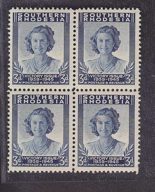 SOUTHERN RHOD ++ 1947 ++ "VICTORY" ++ 3d DEEP BLUE ++ BLOCK OF 4 ++ MNH ++ SACC 68