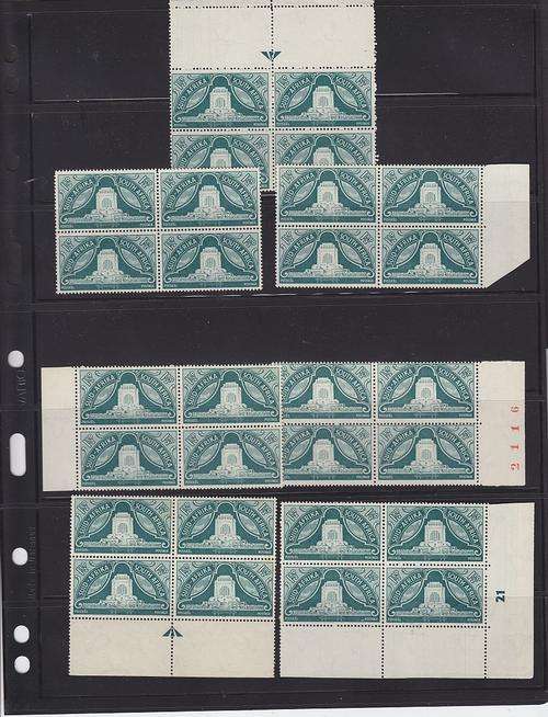 1949 ++ "INAUG OF VOORTREKKER MONUMENT ++ 1 1/2d GREEN ++ BLOCKS OF 4 - SEE BELOW ++ SACC 130