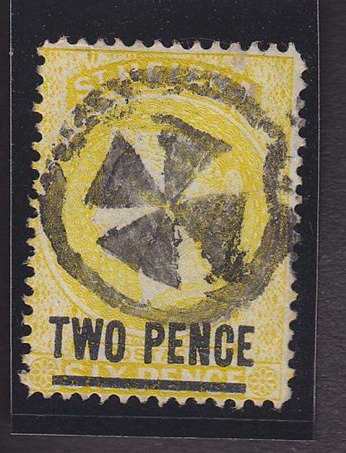 ST HELENA ++ 1864-80 ++ QV ++ "TWO PENCE" SURCHARGE ON 6d YELLOW (TYPE B) ++ FU ++ SG 9