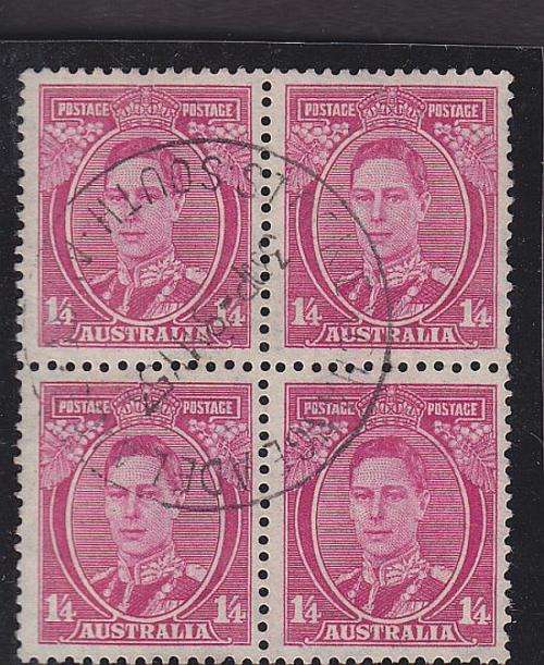 1937-49 ++ KG VI ++ 1/4 PALE MAGENTA ++ BLOCK OF 4 ++ VFU ++ SG 175