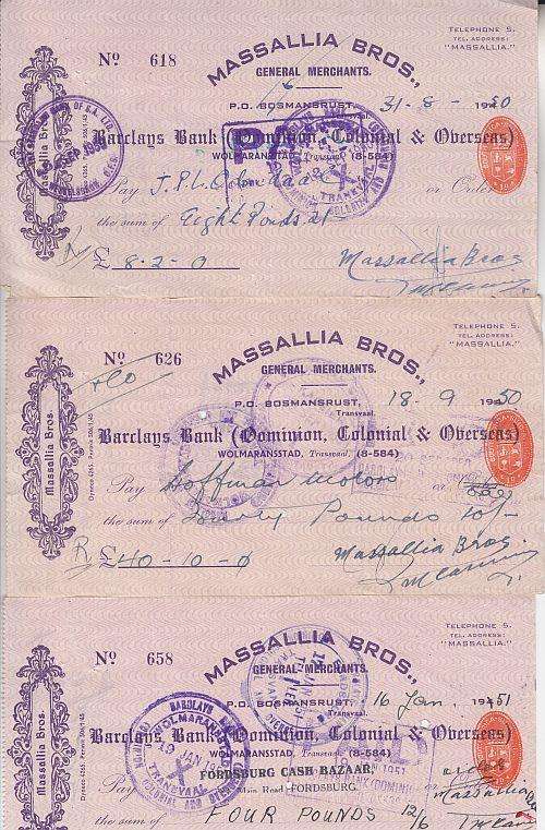 1950 ++ 3 x BARCLAYS BANK COLONIAL & OVERSEAS CHEQUES ++ 1d EMBOSSED REVENUE - SEE BELOW