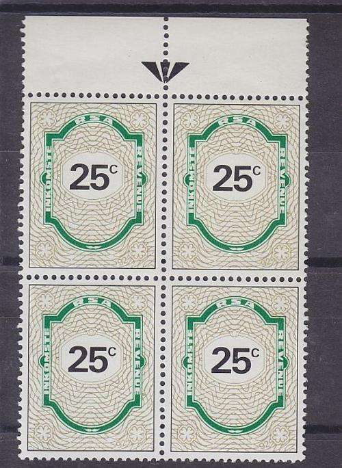 REVENUE ++ 1992 ++ 25c GREEN & GOLD ++ ARROW BLOCK OF 4 ++ MNH ++ BT 154