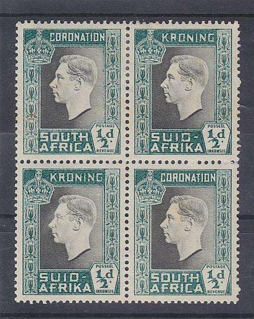 1937 ++ "CORONATION" ++ 1/2d GREY-BLACK & GREEN ++ BLOCK OF 4 - SEE BELOW ++ MHL ++ SACC 70