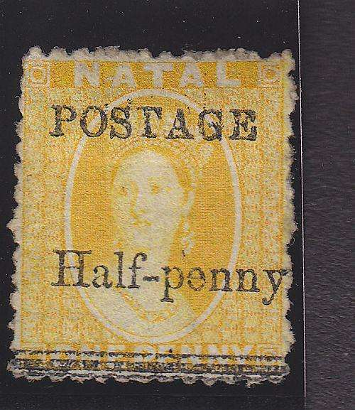1877-79 + QV + CHARLON "POSTAGE HALF-PENNY" SURCHARGE  BLACK ON 1d YELLOW + MINT (NO GUM) + SACC 90