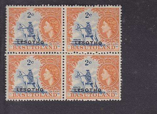 1966 ++ QE II ++ 2c DEEP BRIGHT BLUE & ORANGE ((LESOTHO OVPT) ++ BLOCK OF 4 ++ MH ++ SG 112A