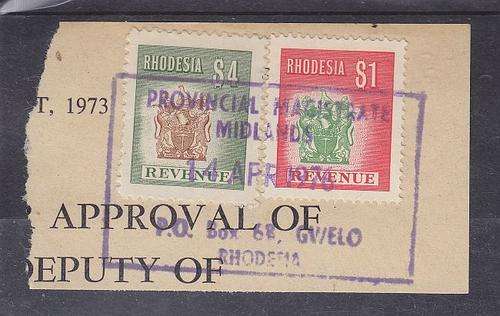 REVENUE ++ 1976 ++ $4 GREEN & BROWN & $1 RED & GREEN ++ FU ON PIECE - GWELO ++ BT 59 & 61