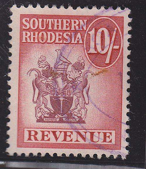 SOUTHERN RHOD ++ REVENUE ++ 1954 ++ 10s RED & CLARET ++ FU ++ BT 37