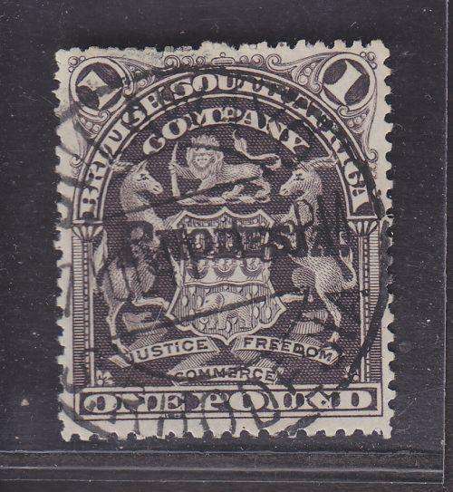1909 ++ ÃÂ£1 GREY-PURPLE OVPT "RHODESIA" ++ FU ++ C/V R1250 ++ SACC 110