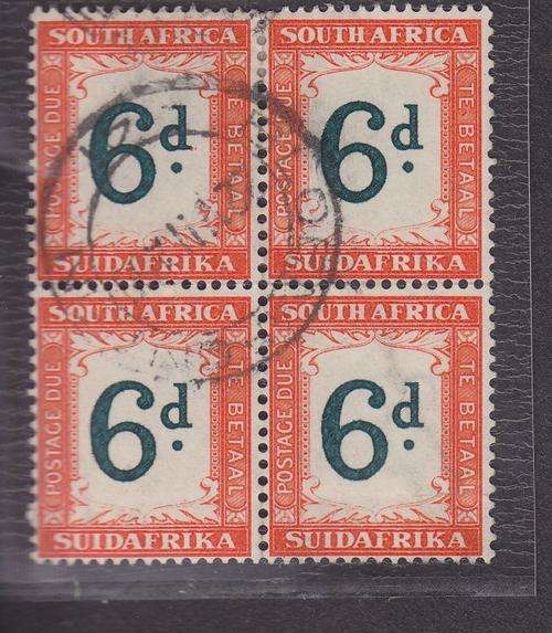 1932-42 ++ "POSTAGE DUE " ++ 6d GREEN & ORANGE (WMK INV) ++ BLOCK OF 4 ++ VFU ++ SACC 28a