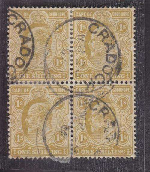 1902 ++ KE VII ++ 1s YELLOW-OCHRE ++ BLOCK OF 4 ++ FU - "CRADOCK" - SPLIT PERF ++ SACC 72 SEE BELOW