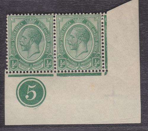 1913 ++ KG V ++ 1/2d GREEN ++ "PLATE 5" ++ CNR PAIR ++ MNH - SEE BELOW ++ SACC 2
