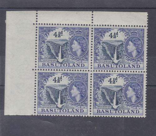 1954 ++ DEF ISSUE ++ 4 1/2d "MALETSUNYANE FALLS" ++ CNR BLOCK OF 4 ++ MH (MARG ONLY ++ SACC 47