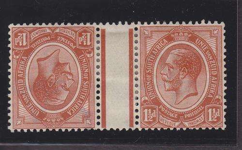 1913 ++ KG V ++ 1 1/2d CHESTNUT ++ TETE-BECHE GUTTER PAIR ++ MH ++ SACC 4c