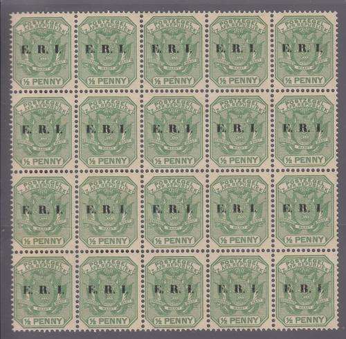 1901 ++ "E.R.I. OVPT" ++ 1/2d GREEN ++ BLOCK OF 20 - SEE BELOW ++ MNH ++ SACC 244